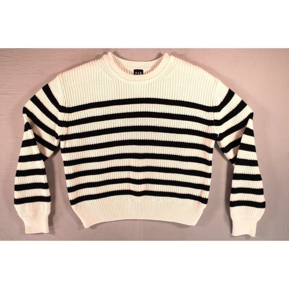 Gap Mens XL Cream Black Striped Cotton Crewneck Sweater Chunky Knit Pullover
